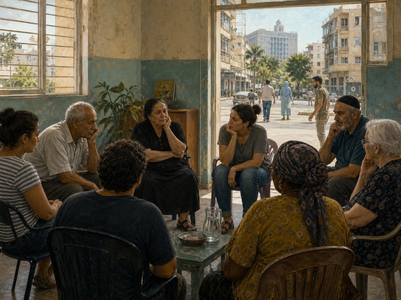 מעגל תושבים רב־דורי בחדר קהילתי שחוק, כשדרך הפתח נראה רחוב מגוון בדרום תל אביב וללא כיתוב