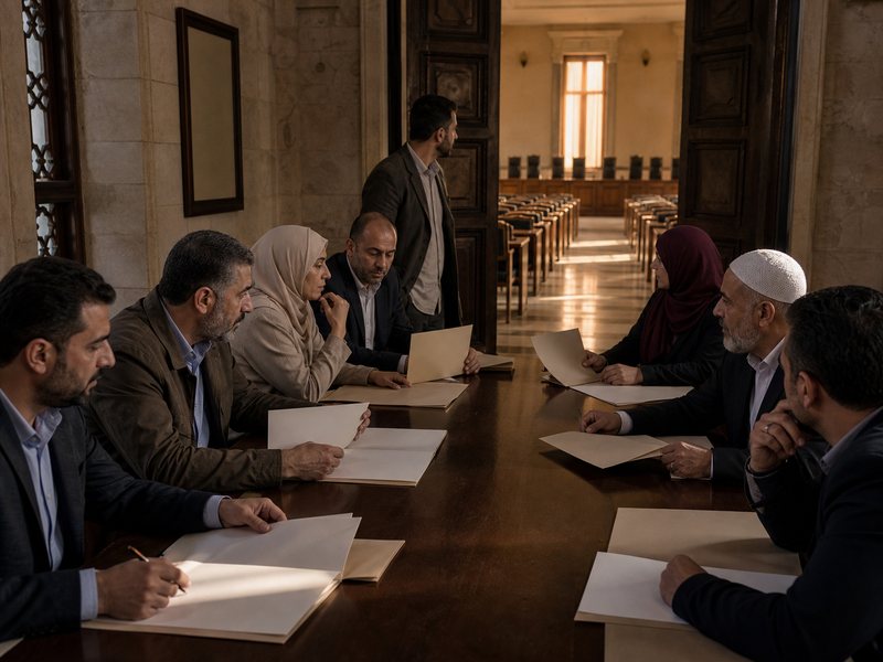 איור עריכתי פוטוריאליסטי של נציגי ציבור מן המזרח התיכון בדיון ועדה אזרחי, כשאולם מוסדי נראה מעבר לדלת פתוחה