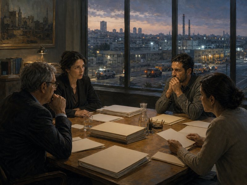 צוות מדיניות דן בתיקים ובמסמכים ריקים מול עיר שבה נראים כלי רכב ביטחוניים