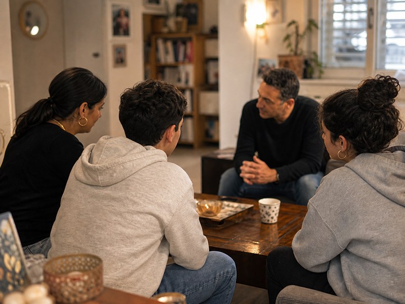 מתבגרים ומשפחה במרחב ביתי־מעמדי חם משוחחים על זהות ושייכות ללא טקסט קריא