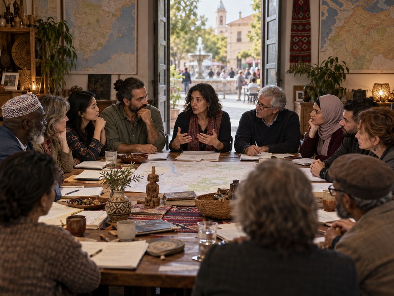 משתתפים מרקעים שונים דנים סביב שולחן שעליו מפות וחפצי תרבות בפורום אזרחי