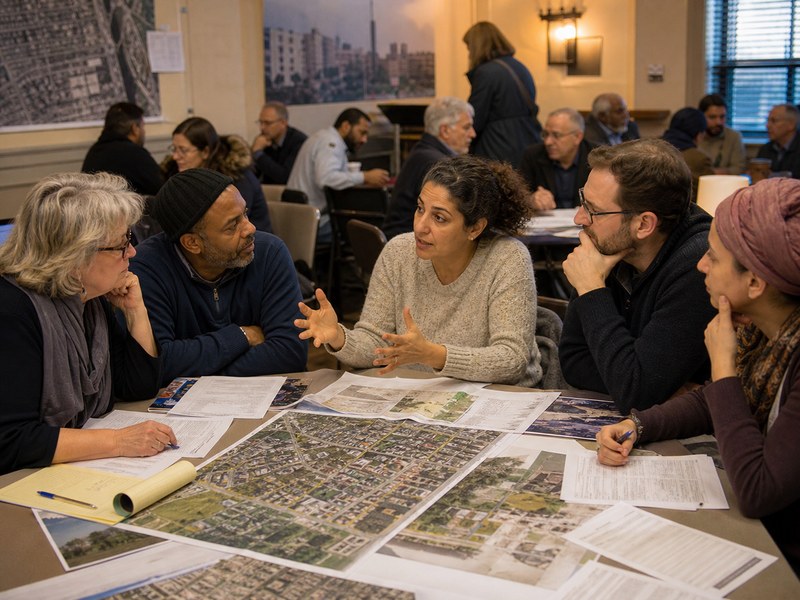 ישיבת תושבים בחדר קהילתי עירוני סביב מפות וטפסים ריקים עם נציג ציבור ללא טקסט קריא.