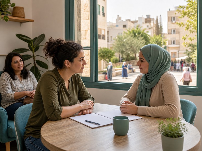 שתי נשים משוחחות ליד שולחן בחדר המשקיף מבעד לחלון על שכונת מגורים