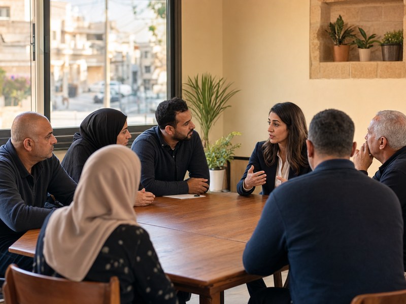 מפגש קהילתי בחדר אזרחי שבו תושבים ערבים ונציגת שירות ציבורי דנים באמון, ביטחון אישי וחלופות לפנייה למשטרה