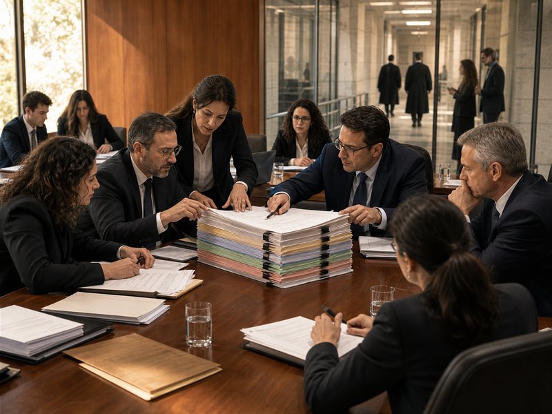 ועדה מחוקקת בדיונית בוחנת חבילת חוק עבה כשלצדה מסדרון בית משפט