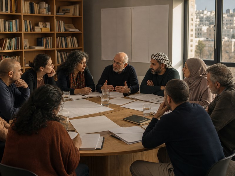 משתתפים יהודים ופלסטינים־ערבים יושבים סביב שולחן דיון חוקתי עם מסמכים ריקים וללא דגלים.