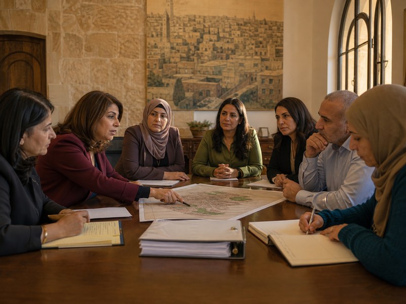 המחשה בדיונית של נשים פלסטיניות־ערביות דנות במסמכים סביב שולחן בחדר ציבורי בעל קירות אבן