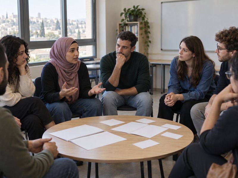 המחשה: קבוצת לומדות ולומדים משוחחת במעגל על חומרי לימוד אזרחיים בכיתה