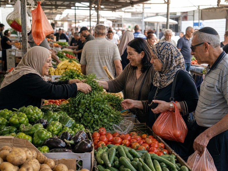 שוק פתוח עם מוכרים וקונים מגוונים כמטפורה למרחב פלסטיני־ישראלי משותף בכפר קאסם