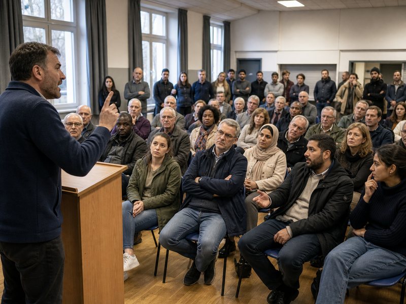 נואם מפלגתי בדיוני פונה לקהל מגוון באספת בחירות מקומית על רקע דיון מתוח