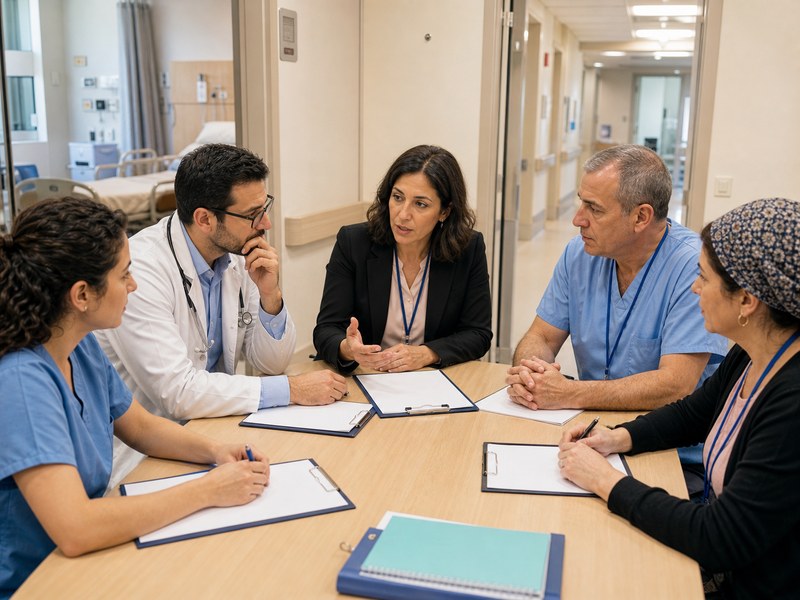 ישיבת אקרדיטציה בבית חולים עם נציגת זכויות מטופלים כמטפורה לקידום זכויות דרך תקני איכות