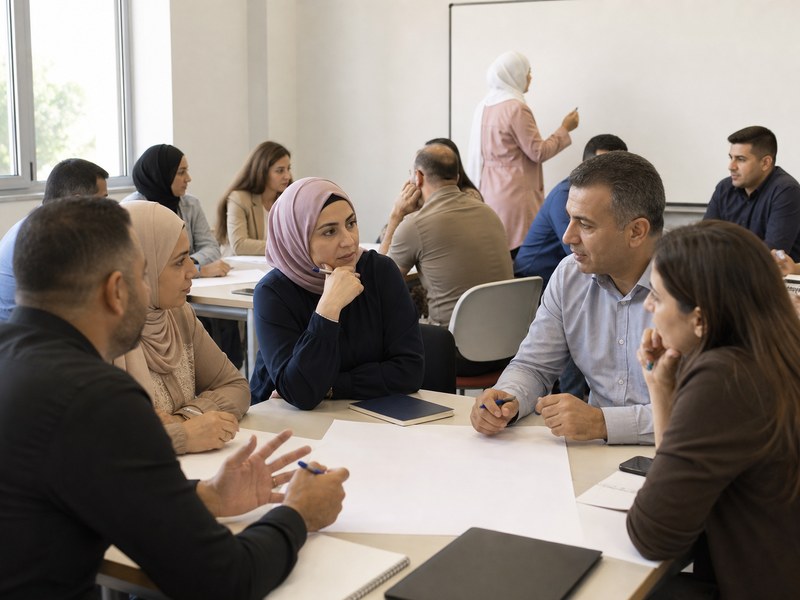 מורים ערבים יושבים בסדנת פיתוח מקצועי סביב שולחנות עם דפי עבודה ריקים ולוח ללא טקסט.