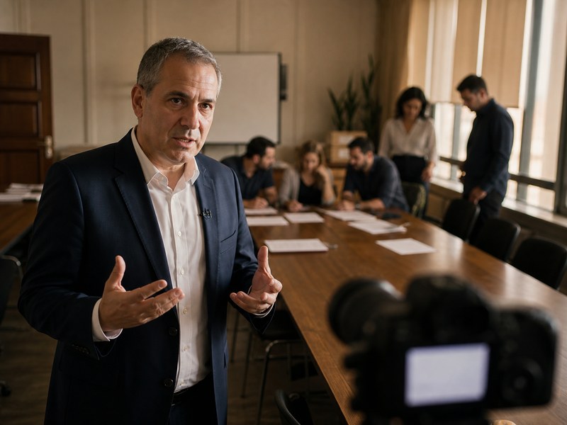פוליטיקאי משוחח למצלמה בחדר ישיבות שבו צוות בוחן מסמכים, המחשה לפוליטיקה אישית לצד עבודה ארגונית