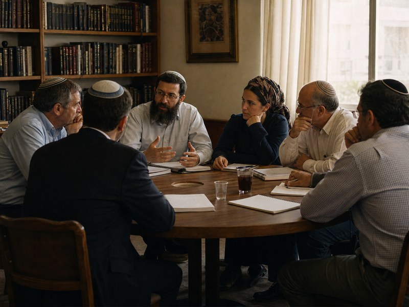 דיון סגור בחדר ספרייה סביב שולחן כמטפורה לברית אידאולוגית בין דת ופוליטיקה
