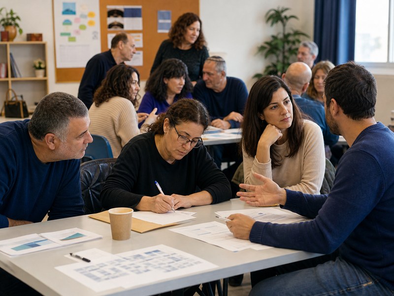 המחשה בדיונית של מבוגרים בסדנה קהילתית: משתתפת ממלאת טופס ואחרים משוחחים סביב שולחנות