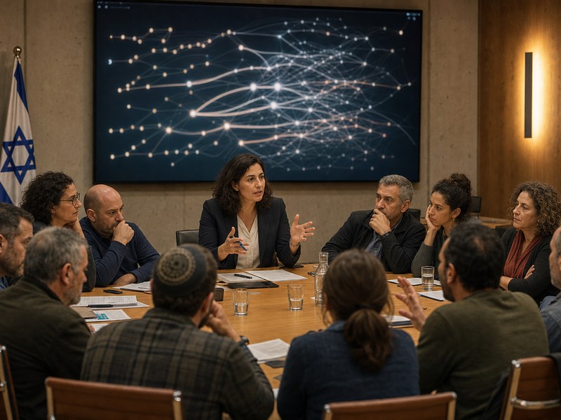 המחשה בדיונית של קבוצת אזרחים ואנשי מדיניות סביב שולחן, מול מסך המציג רשת בינה מלאכותית מופשטת