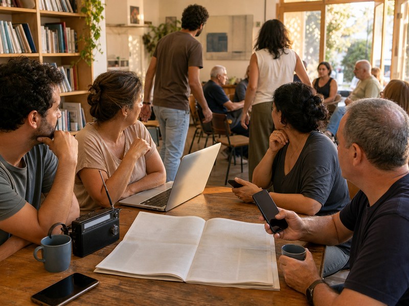 אזרחים סביב שולחן קהילתי משלבים עיתון, רדיו, מחשב וטלפונים בשיחה פוליטית