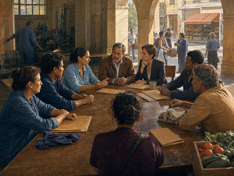 נציגי עובדים, עסקים וממשלה דנים במדיניות כלכלית סביב שולחן עגול באולם קהילתי