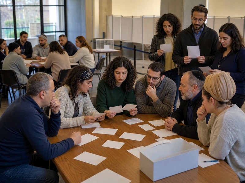 מצביעים דתיים וחילונים בוחנים יחד פתקי הצבעה אנונימיים לצד קלפי, ללא שמות מפלגות או כיתוב