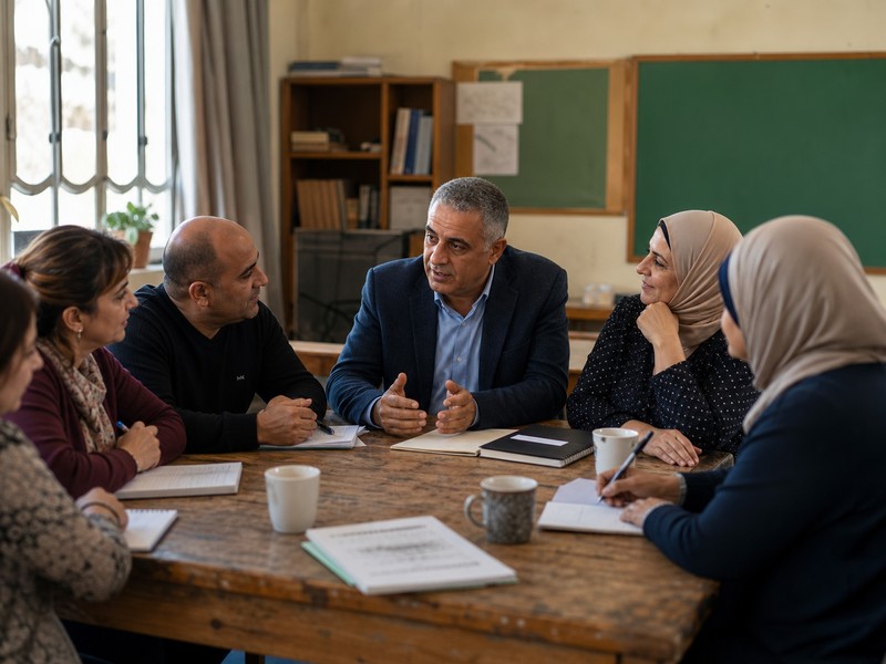 מנהלת ומורים בחדר צוות כמטפורה למנהיגות משתפת בחינוך הערבי בישראל