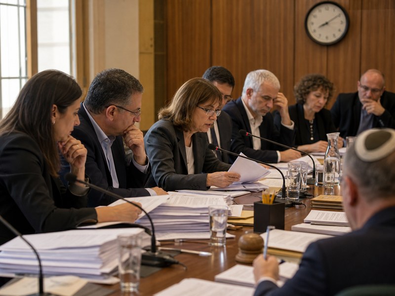 חברי ועדה משפטית בדיון ממושך סביב שולחן ועליו טיוטות של חוק יסוד