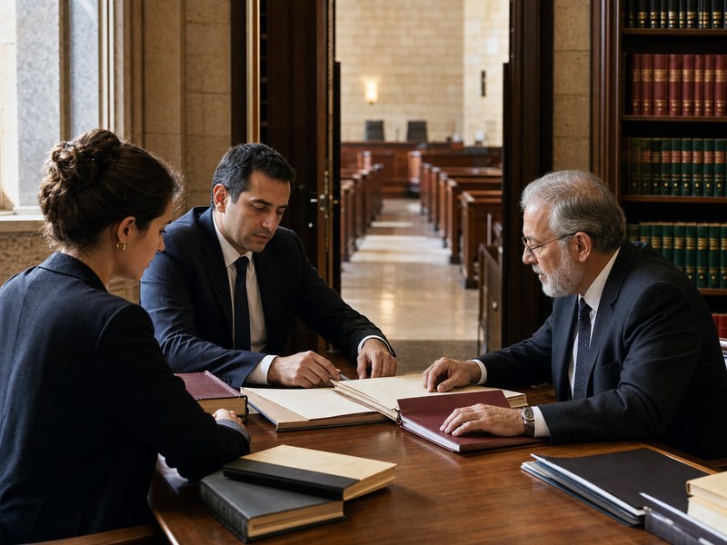 משפטנים בוחנים תיקי דין בחדר מוסדי בין ספרי חוק ואולם דיונים ברקע