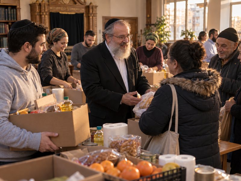 המחשה: מנהיג דתי ומתנדבים מחלקים חבילות מזון לתושבים במרכז קהילתי בישראל