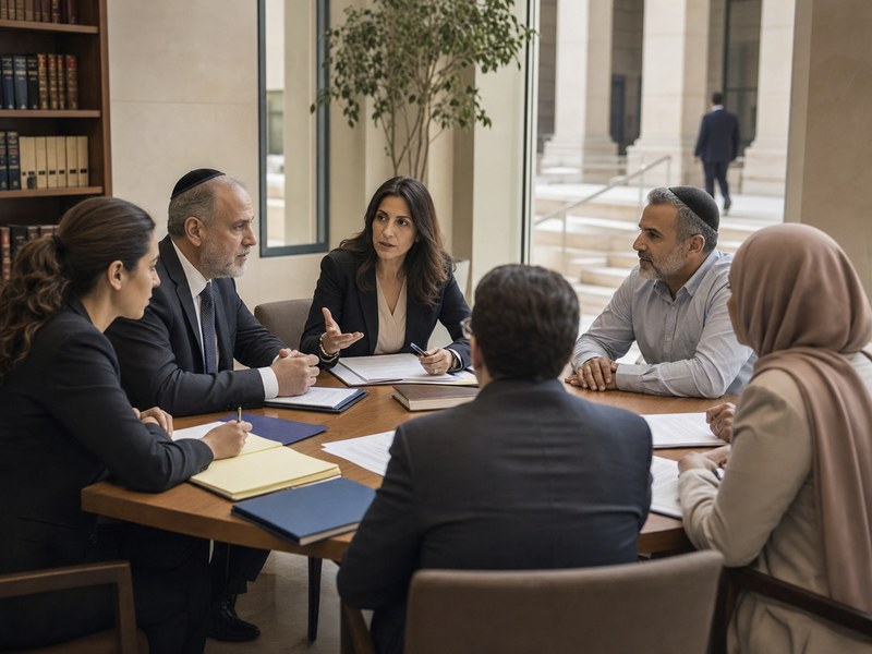 דיון משפטי סביב שולחן על דיני משפחה דתיים כמטפורה למתח בין אוטונומיה דתית ושוויון