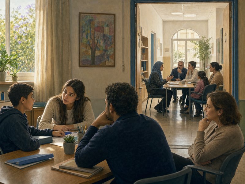 עובדי שירות ציבורי מרקעים שונים משוחחים עם משפחות ועם מנהלים במרכז קהילתי