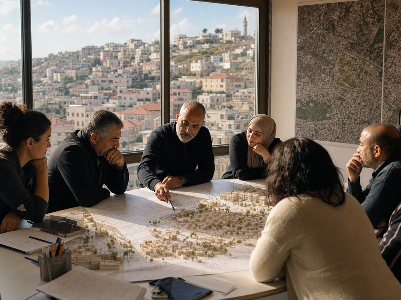 תושבים ומתכננים דנים במפות עירוניות ריקות מול נוף של עיר ערבית הררית בישראל
