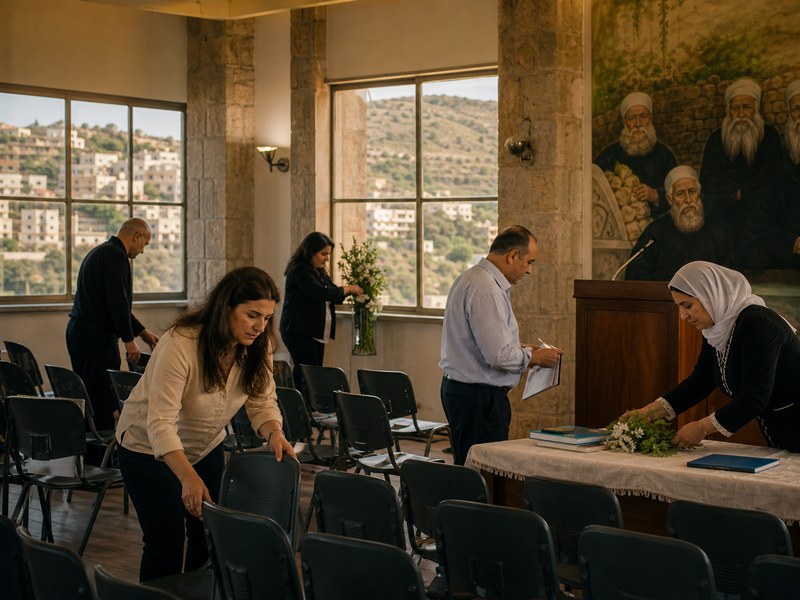 אולם בית ספר דרוזי לפני טקס אזרחי עם מורים מבוגרים המסדרים כיסאות ופודיום ללא תלמידים וללא טקסט קריא.