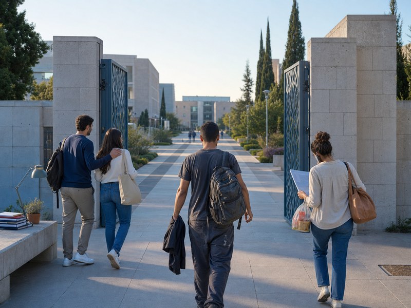צעירים הנושאים ציוד ומשאבים שונים נכנסים דרך שער פתוח אל קמפוס אוניברסיטאי