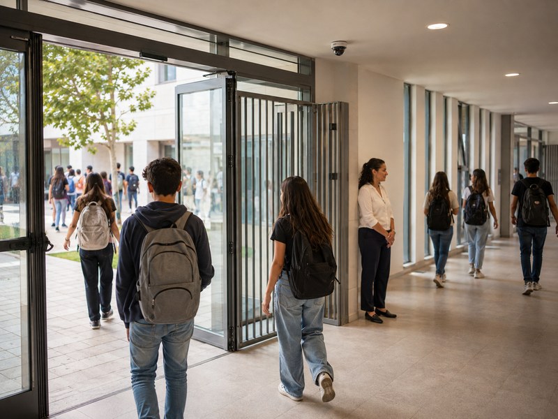 תלמידים עם תיקים עוברים בשער זכוכית מבוקר במסדרון בית ספר, מורה עומדת לידם ומצלמה מותקנת בתקרה