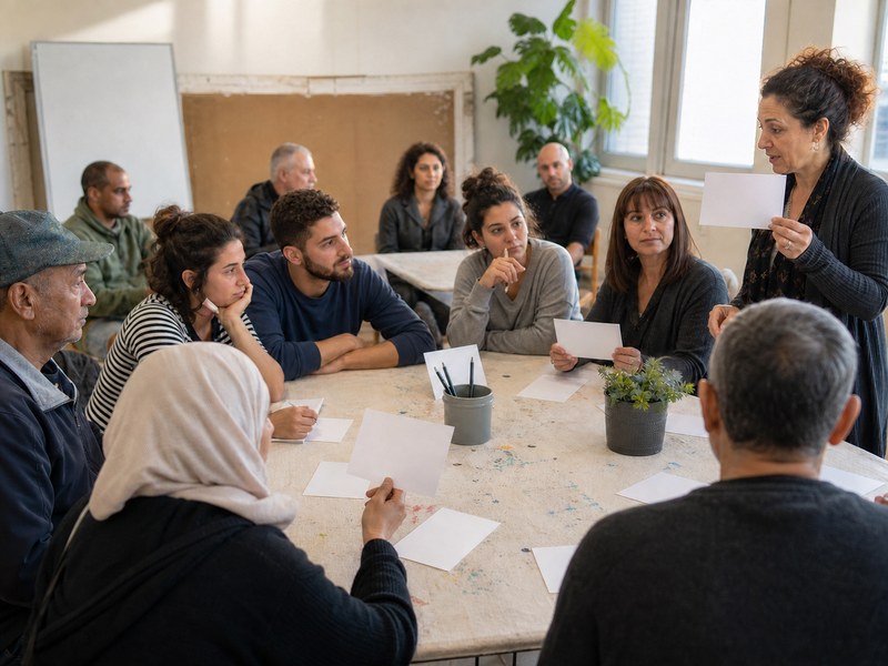 המחשה עריכתית של אזרחים מרקעים חברתיים שונים המשתתפים בדיון ציבורי מודרך סביב שולחן