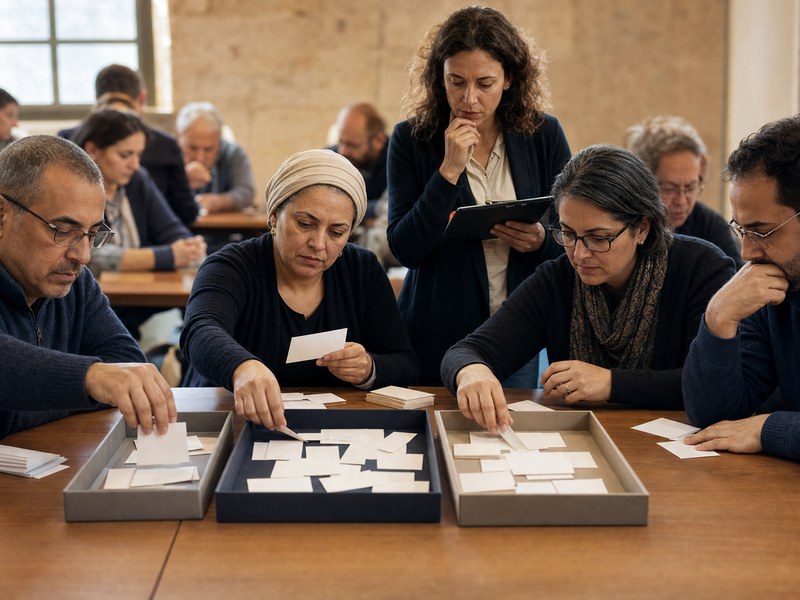 חדר מחקר דעת קהל עם משתתפים ממיינים כרטיסי סקר ריקים לשלוש מגירות זכויות ללא טקסט קריא.