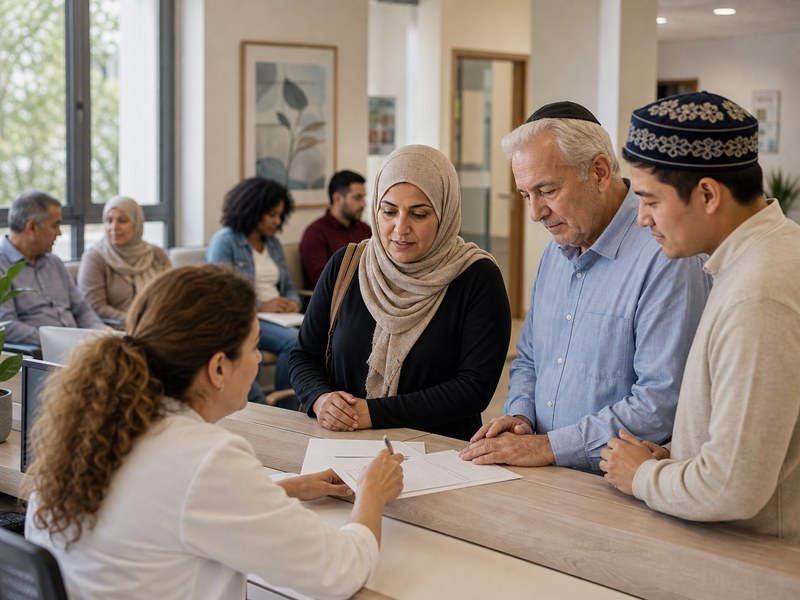 מרפאה ציבורית שבה מטופלים מקבוצות שונות נפגשים עם צוות רפואי סביב טפסים ריקים ושירות נגיש