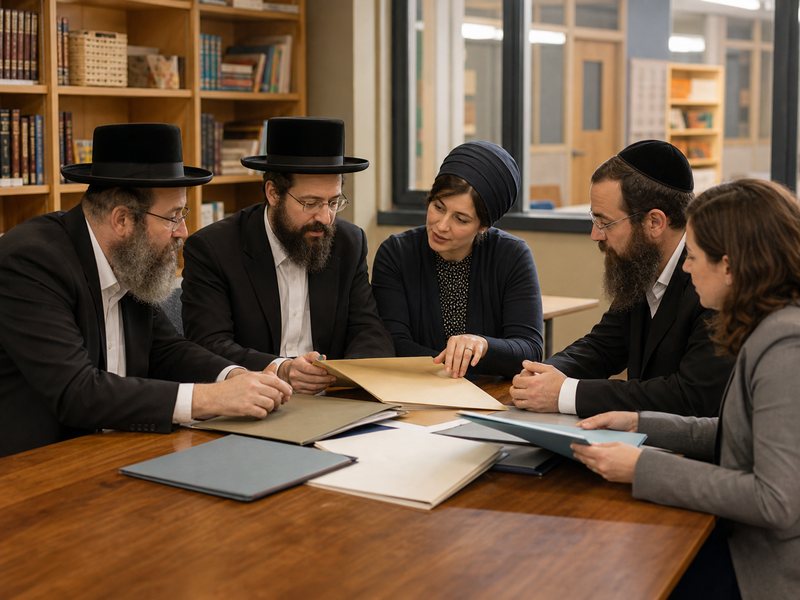 ספר לימוד דתי וחוברת מתמטיקה פתוחים לצד פנס ושביל המוביל לכמה דלתות כיתה, ללא כיתוב