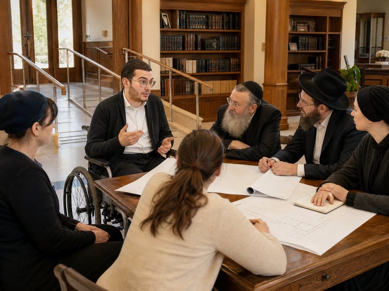שלושה גשרים נגישים המחברים בין בניין ציבורי, חצר קהילתית ומרכז בריאות דרך צומת תיווך משותף, ללא כיתוב