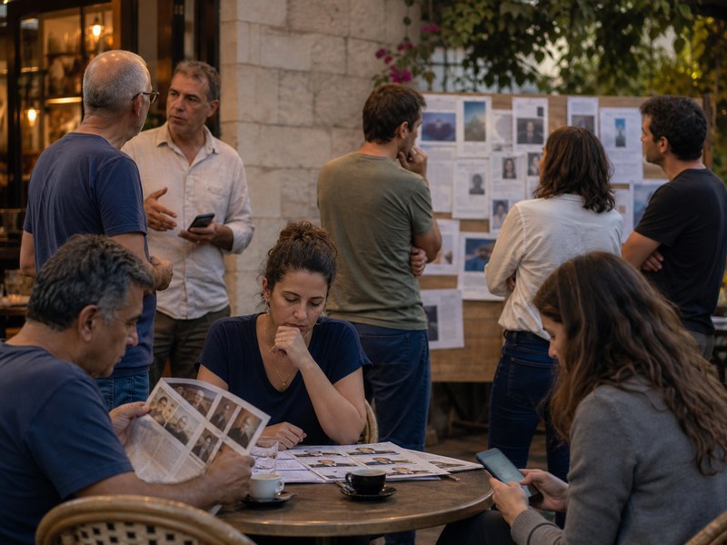 בוחרים משוחחים בבית קפה שכונתי ובוחנים חומרי בחירות ולוח מידע קהילתי