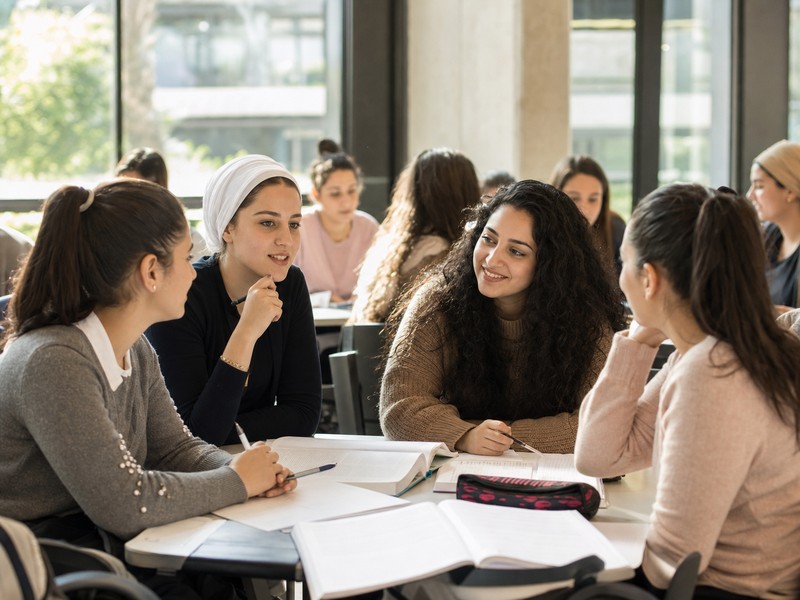 סטודנטיות דרוזיות יושבות בסמינר אוניברסיטאי עם מחברות וחומרי לימוד ודנות בזהות, ידע והשכלה גבוהה