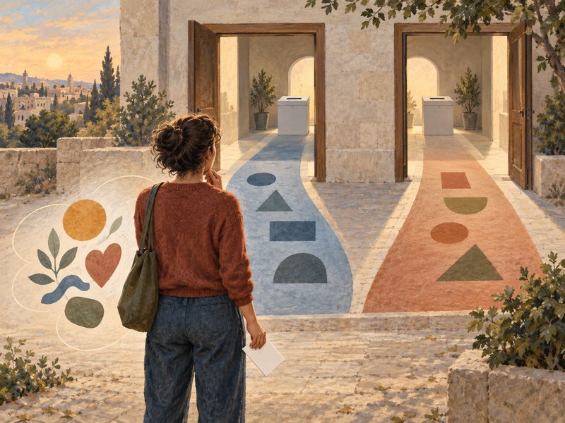 אזרח עומד לפני שתי דרכים אל קלפי, וסביבו צורות מופשטות המסמלות ערכים שאינם מתיישבים עם החלופות