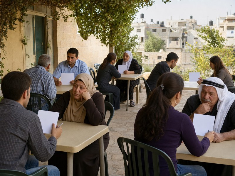 המחשה עריכתית של תושבים פלסטינים המשתתפים בקבוצות דיון פתוחות על עמדות ציבוריות בזמן עימות