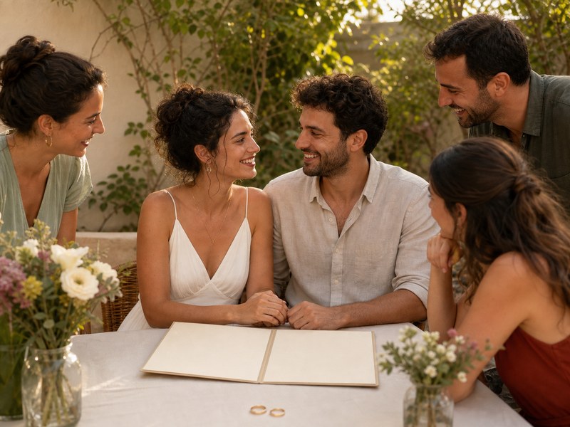 זוג וחברים יושבים סביב שולחן טקס בגן, לצד טבעות ותיק מסמכים ריק