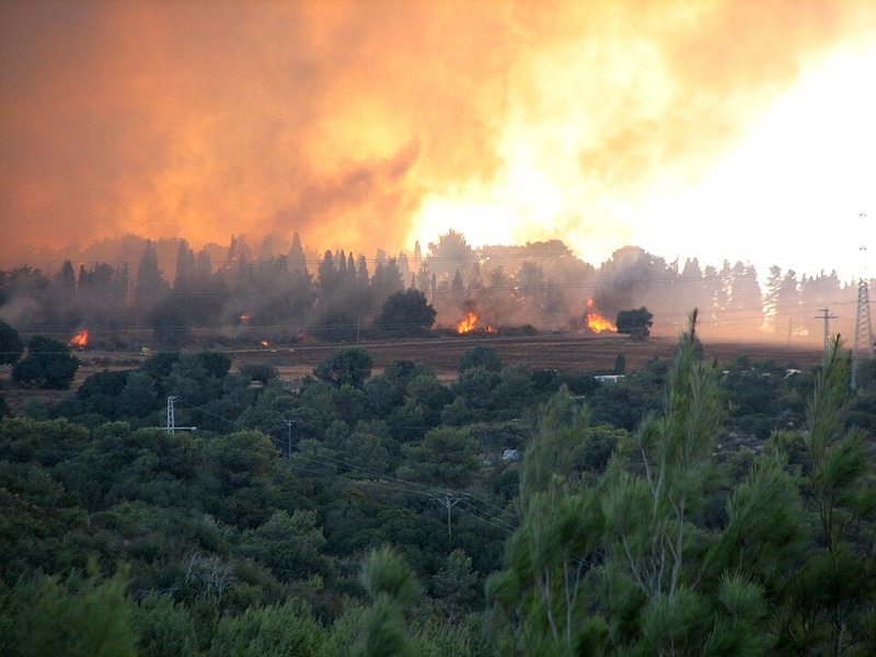 עשן השריפה בכרמל ליד עספיא בשנת 2010, בצילום מאוניברסיטת חיפה