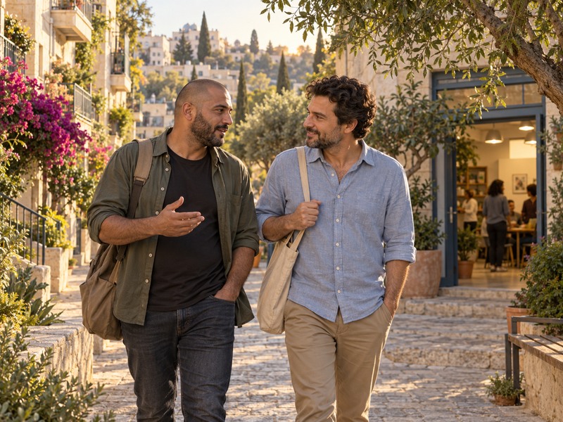 המחשה שנוצרה בבינה מלאכותית: שני מבוגרים משוחחים בהליכה בשכונת מגורים ים־תיכונית
