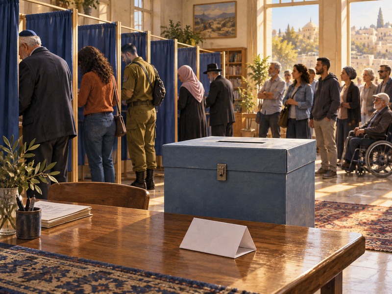 איור של בוחרים בקלפי ובה פרגודים, פתק הצבעה ותיבה