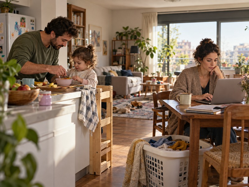 המחשה שנוצרה בבינה מלאכותית: אב מטפל בילד בזמן שהאם עובדת במחשב בבית