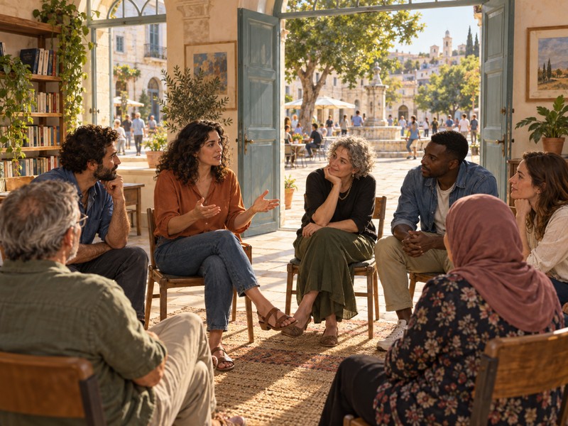 המחשה שנוצרה בבינה מלאכותית: תושבים מקיימים שיחה במרכז קהילתי
