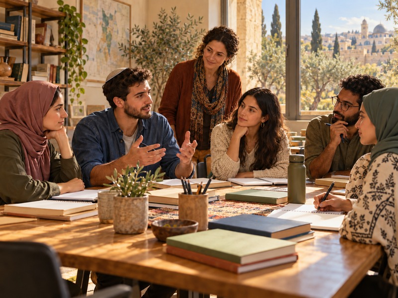 סצנה דמיונית של פרחי הוראה יהודים וערבים בלמידה משותפת בכיתה