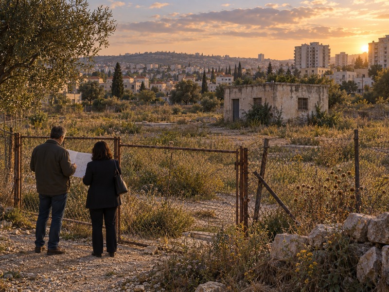 בעל קרקע ויועצת משפטית מעיינים במפה לצד חלקה מגודרת שאינה בשימוש